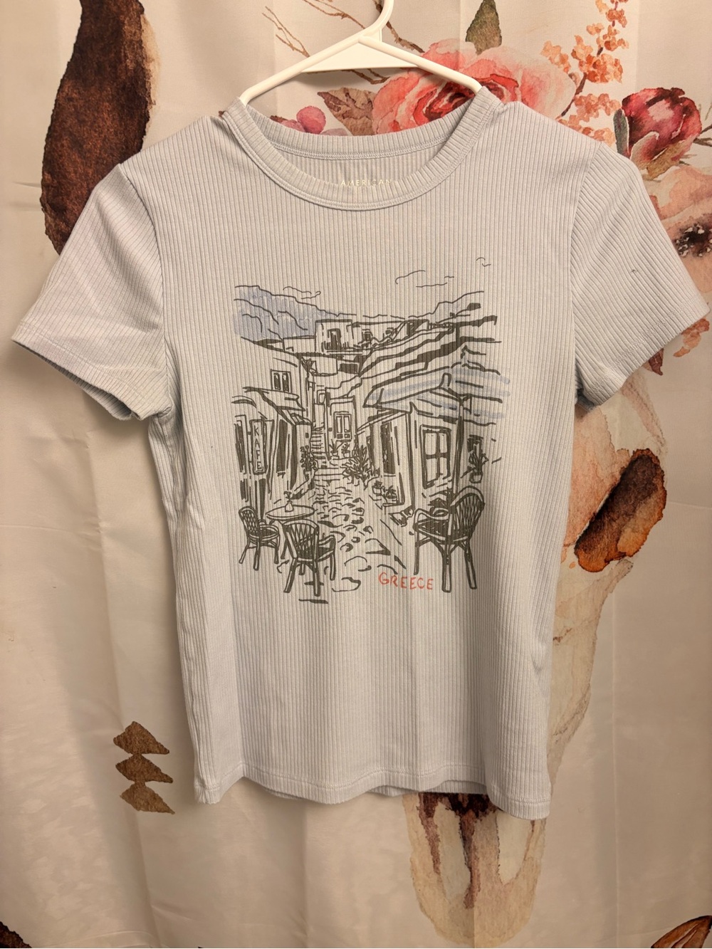 Medium Light Blue 'Greece' Graphic Ribbed Tee